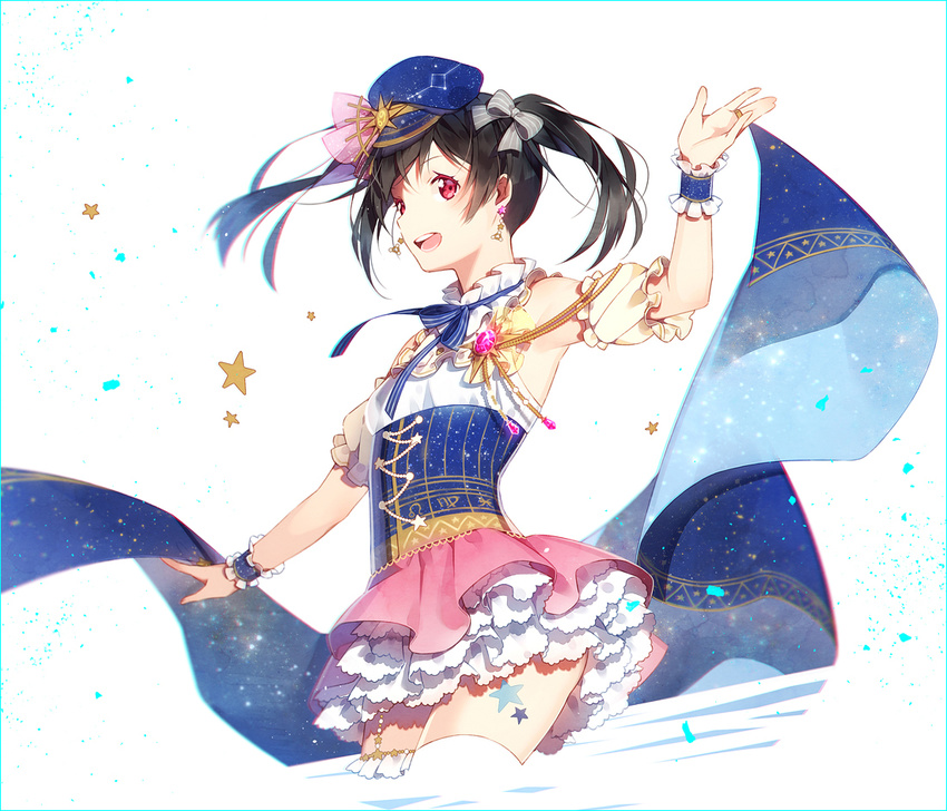 :d armband armpits bad_id bad_pixiv_id black_hair blurry border bow constellation constellation_costume depth_of_field earrings frilled_skirt frills hair_bow hair_ornament hakusai_(tiahszld) hat jewelry looking_at_viewer love_live! love_live!_school_idol_festival love_live!_school_idol_project open_mouth print_hat red_eyes short_hair skirt smile solo space_print star starry_sky_print thighhighs twintails white_background white_legwear wristband yazawa_nico zettai_ryouiki zodiac