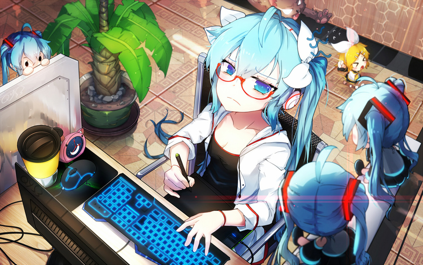 &gt;_&lt; alarm_clock bai_yemeng bespectacled blue_eyes blue_hair breasts cat chair chibi cleavage clock closed_eyes collarbone desk flying_sweatdrops glasses hair_ribbon hatsune_miku holding_stylus hood hoodie kagamine_rin keyboard_(computer) long_hair looking_at_viewer minigirl monitor mouse_(computer) multiple_girls open_clothes open_hoodie plant potted_plant razer red-framed_eyewear revision ribbon running shirt sitting small_breasts stylus tablet twintails very_long_hair vocaloid