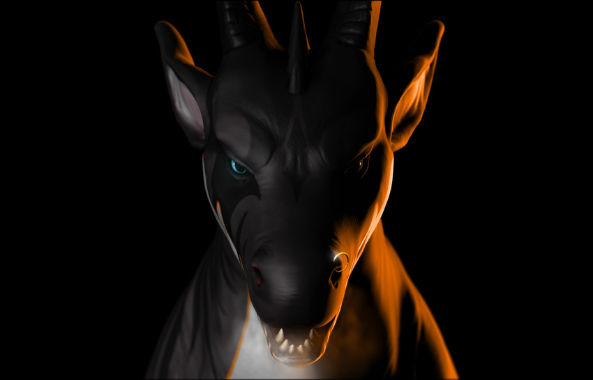 2015 3d_(artwork) black_background black_skin blue_eyes cgi digital_media_(artwork) dragon evalion feral headshot_portrait horn looking_at_viewer male ominous open_mouth orange_skin portrait shaded simple_background solo teeth white_skin