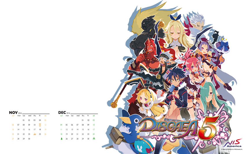 :d animal bag beads belt between_breasts bird bloodis_(disgaea) bow breasts calendar_(medium) card cat christo_(disgaea) cleavage company_name copyright_name crossed_arms december disgaea everyone glasses gradient green_hair grin groin hair_over_one_eye half-closed_eyes hand_on_own_chest harada_takehito holding holding_card horn jewelry killia_(disgaea) liezerota logo long_pointy_ears looking_at_viewer majorita_(disgaea) makai_senki_disgaea_5 medium_breasts midriff multiple_boys multiple_girls necklace november official_art open_mouth penguin pink_hair pocket pointy_ears polearm ponytail prayer_beads prinny red_eyes red_magnus red_skin seraphina_(disgaea) shadow short_hair simple_background small_breasts smile spiked_hair stomach thigh_strap usalia_(disgaea) void_dark_(disgaea) wallpaper weapon white_background white_hair widescreen zeroken_(disgaea)