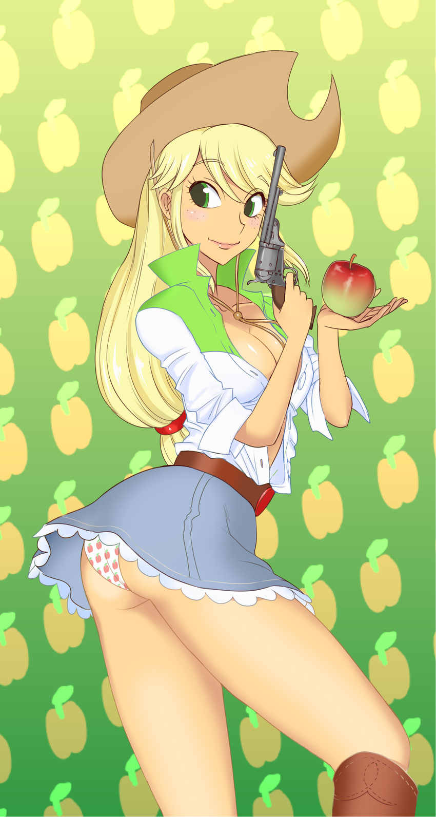 absurdres apple applejack belt blonde_hair boots breasts cleavage cowboy_hat food food_print freckles fruit green_eyes gun hat highres holding holding_gun holding_weapon kamitsuki_manmaru large_breasts long_hair low-tied_long_hair my_little_pony my_little_pony_equestria_girls my_little_pony_friendship_is_magic panties pantyshot pantyshot_(standing) personification smile solo standing underwear weapon