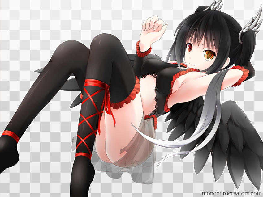 angel angel_wings bad_id bad_pixiv_id black_hair black_wings breasts checkered checkered_background detached_sleeves frilled_legwear frills gradient_hair heterochromia inyuppo multicolored multicolored_eyes multicolored_hair original red_eyes ribbon see-through sideboob small_breasts solo thighhighs twintails watermark web_address white_hair wings yellow_eyes