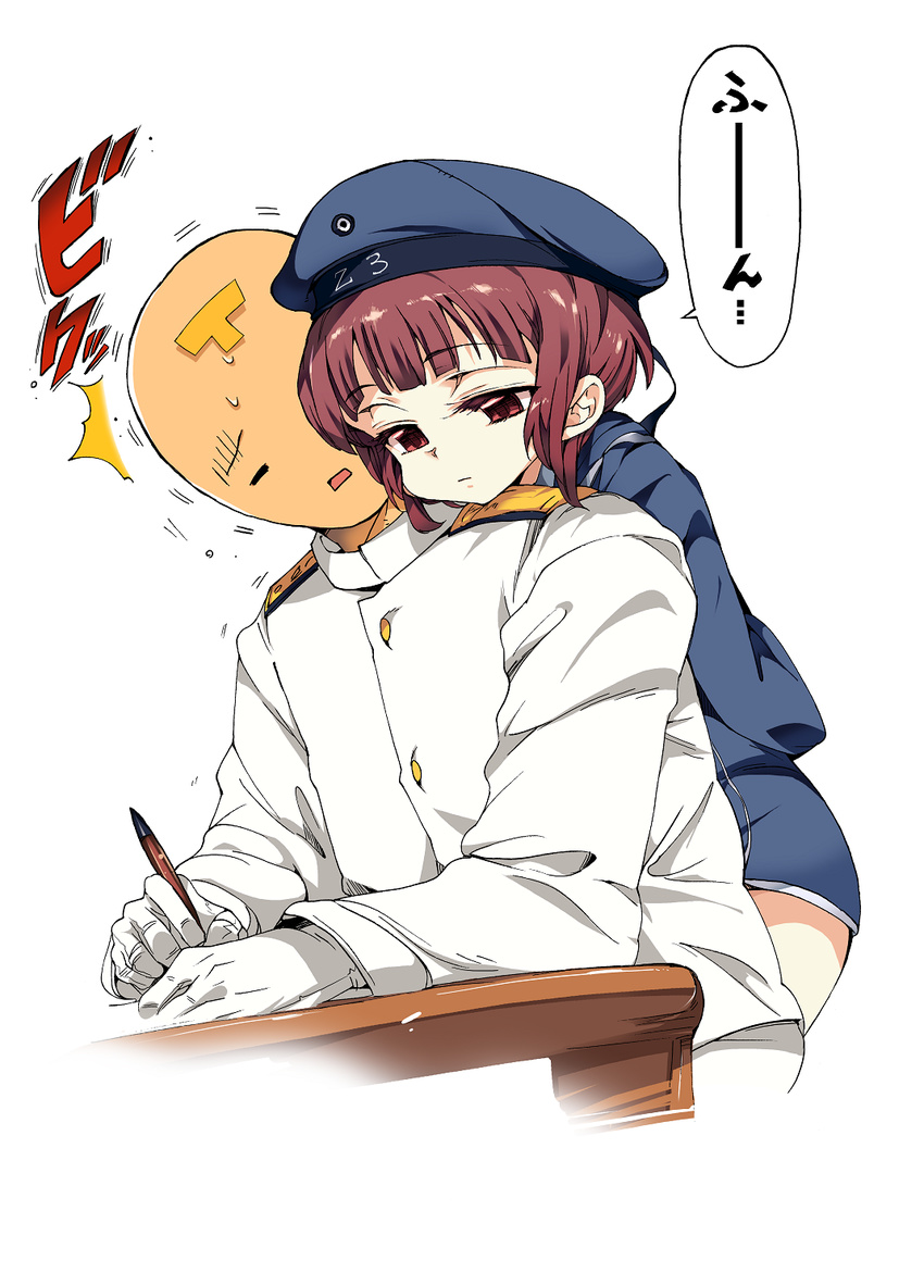 1girl admiral_(kantai_collection) alabaster_(artist) behind_another brown_eyes commentary_request gloves hat head_on_shoulder highres kantai_collection military military_uniform naval_uniform open_mouth over_shoulder pen red_hair sailor_hat short_hair simple_background surprised table uniform white_background z3_max_schultz_(kantai_collection)