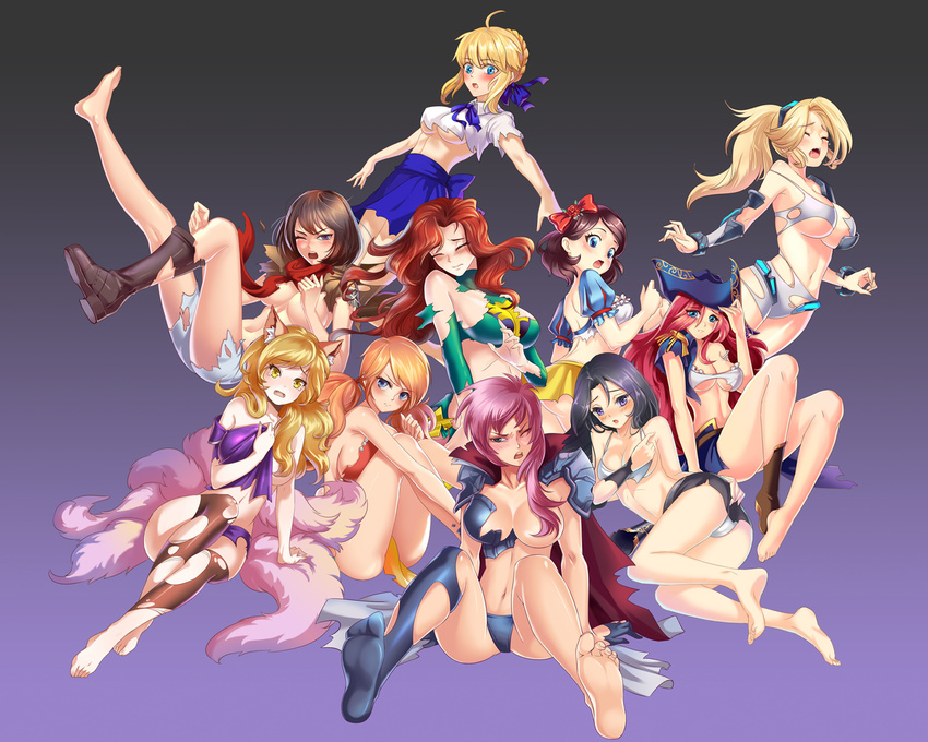:o ahoge ahri animal_ears armor armor_removed artoria_pendragon_(all) ass bangs bare_shoulders barefoot black_eyes black_legwear blonde_hair blue_bow blue_eyes blue_ribbon blue_skirt blush boots bow bra breasts broken_armor brown_hair cleavage closed_eyes collared_shirt covering covering_breasts crop_top crossover dress_shirt embarrassed eyebrows eyebrows_visible_through_hair fangs fate/stay_night fate_(series) final_fantasy final_fantasy_vii final_fantasy_xiii fox_ears fox_tail frills gradient gradient_background green_eyes guozi_li hair_between_eyes hair_bow hair_over_breasts hair_ribbon hand_on_ass hat highres jacket jean_grey large_breasts league_of_legends lightning_farron long_hair long_sleeves low_twintails lying midriff mikasa_ackerman miniskirt multiple_crossover multiple_girls multiple_tails navel neck_ribbon nova_(starcraft) oerba_dia_vanille on_side one_eye_closed outstretched_arms panties pants pantyshot pantyshot_(lying) pantyshot_(sitting) pink_hair pirate_hat ponytail puffy_short_sleeves puffy_sleeves purple_eyes red_bow red_hair red_scarf ribbon saber saliva sarah_fortune scarf shingeki_no_kyojin shirt shoes short_hair short_sleeves shoulder_armor sideboob silver_eyes single_boot single_shoe single_thighhigh sitting skirt skirt_tug sleeveless snow_white snow_white_(disney) snow_white_and_the_seven_dwarfs soles spaulders spread_legs starcraft swept_bangs tail tears thighhighs tifa_lockhart torn_clothes torn_legwear torn_pants torn_scarf torn_shirt torn_skirt turtleneck twintails underboob underwear upskirt white_bra white_panties white_shirt x-men yellow_eyes yellow_skirt