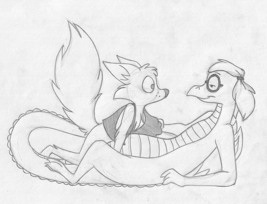 age_difference anthro bottomless canine clothed clothing cub dragon duo eye_contact female fox grey_topwear greyscale half-dressed hi_res interspecies isolde male male/female mammal mizzyam monochrome nude ozy ozy_and_millie pigtails scalie shirt side_view size_difference sketch webcomic young