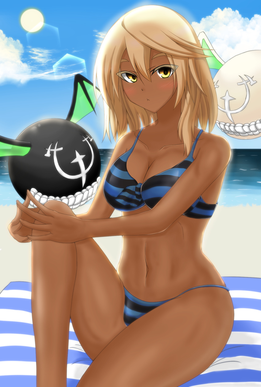 beach beach_towel bikini blonde_hair blush breasts cleavage creature dark_skin day eyebrows guilty_gear guilty_gear_xrd hair_between_eyes highres large_breasts lens_flare navel pout ramlethal_valentine sanada_mushi short_hair solo striped striped_bikini swimsuit towel yellow_eyes