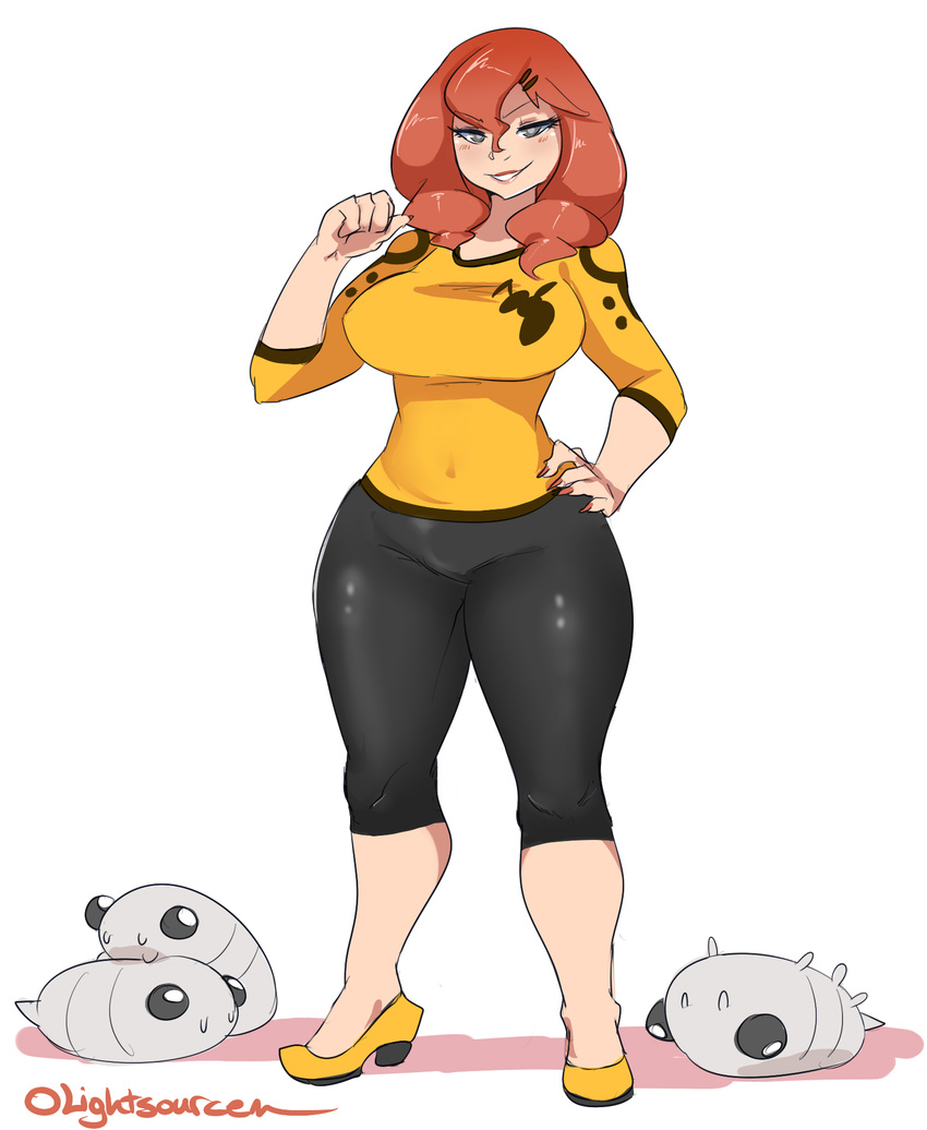 breasts claudette_j_hornette covered_navel curvy grey_eyes hand_on_hip highres large_breasts larva leggings lightsource long_hair looking_at_viewer original pointing pointing_at_self red_hair simple_background smile solo thick_thighs thighs white_background wide_hips