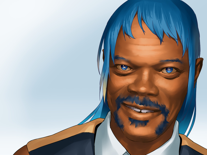 beard blew_andwhite blue_background blue_eyes blue_hair commentary_request dark_skin dark_skinned_male face facial_hair kantai_collection looking_at_viewer male_focus parted_lips portrait pun real_life realistic samidare_(kantai_collection) samuel_l_jackson simple_background solo tooth_gap