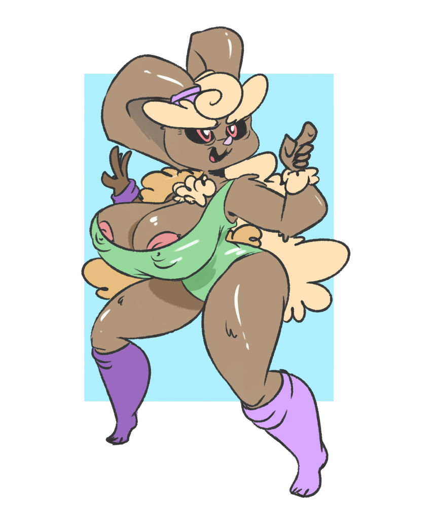 2015 anthro big_breasts big_butt breasts brown_fur butt chubby clothing erect_nipples female fur hair huge_breasts huge_butt lagomorph lopunny mammal nintendo nipples open_mouth pok&eacute;mon rabbit red_eyes sexy_pose simple_background smile smutbooru solo thick_thighs video_games voluptuous wide_hips