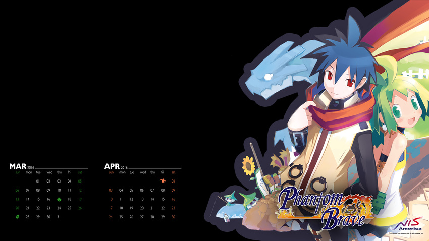 1girl 2016 artist_request ash_(phantom_brave) calendar_(medium) copyright_name highres marona_(phantom_brave) official_art phantom_brave putty_(phantom_brave) wallpaper