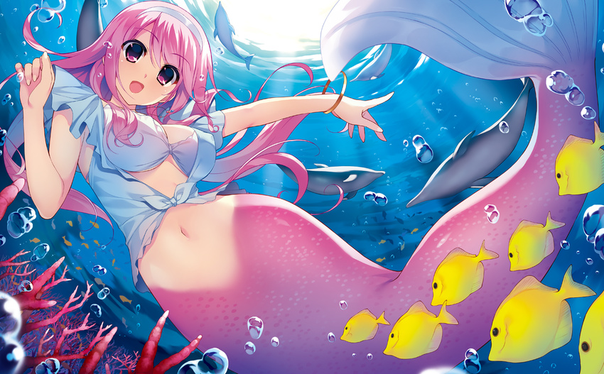 air_bubble bangle bracelet breasts bubble coral coral_reef dolphin fish fumio_(ura_fmo) game_cg hairband happy hatsuru_koto_naki_mirai_yori jewelry large_breasts long_hair looking_at_viewer meltyna mermaid monster_girl navel open_mouth pink_eyes pink_hair pointing solo underwater