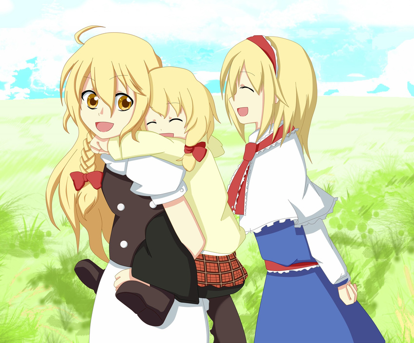 ahoge alice_margatroid apron ascot bangs blonde_hair bow braid capelet carrying closed_eyes cloud commentary_request couple day eyebrows eyebrows_visible_through_hair grass hair_bow hairband highres if_they_mated ips_cells kirisame_marisa long_sleeves mizuki_(850379) mother_and_daughter multiple_girls no_hat no_headwear open_mouth outdoors piggyback sash short_sleeves side_braid single_braid sky smile touhou waist_apron yellow_eyes yuri