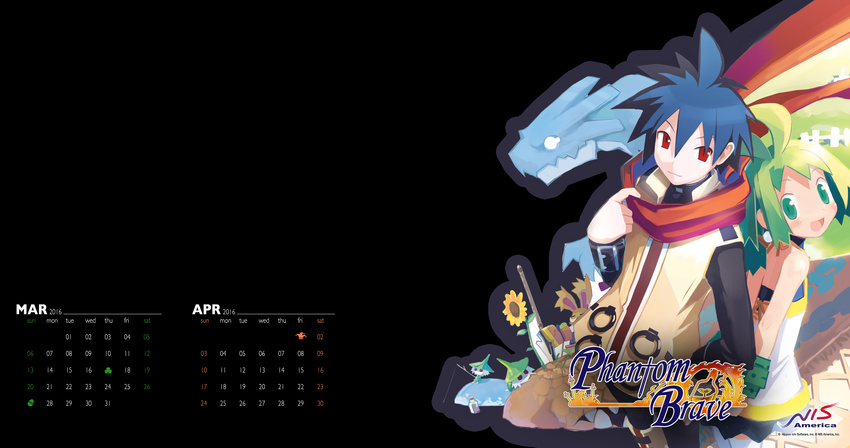 1girl 2016 absurdres artist_request ash_(phantom_brave) calendar_(medium) copyright_name highres marona_(phantom_brave) official_art phantom_brave putty_(phantom_brave) wallpaper