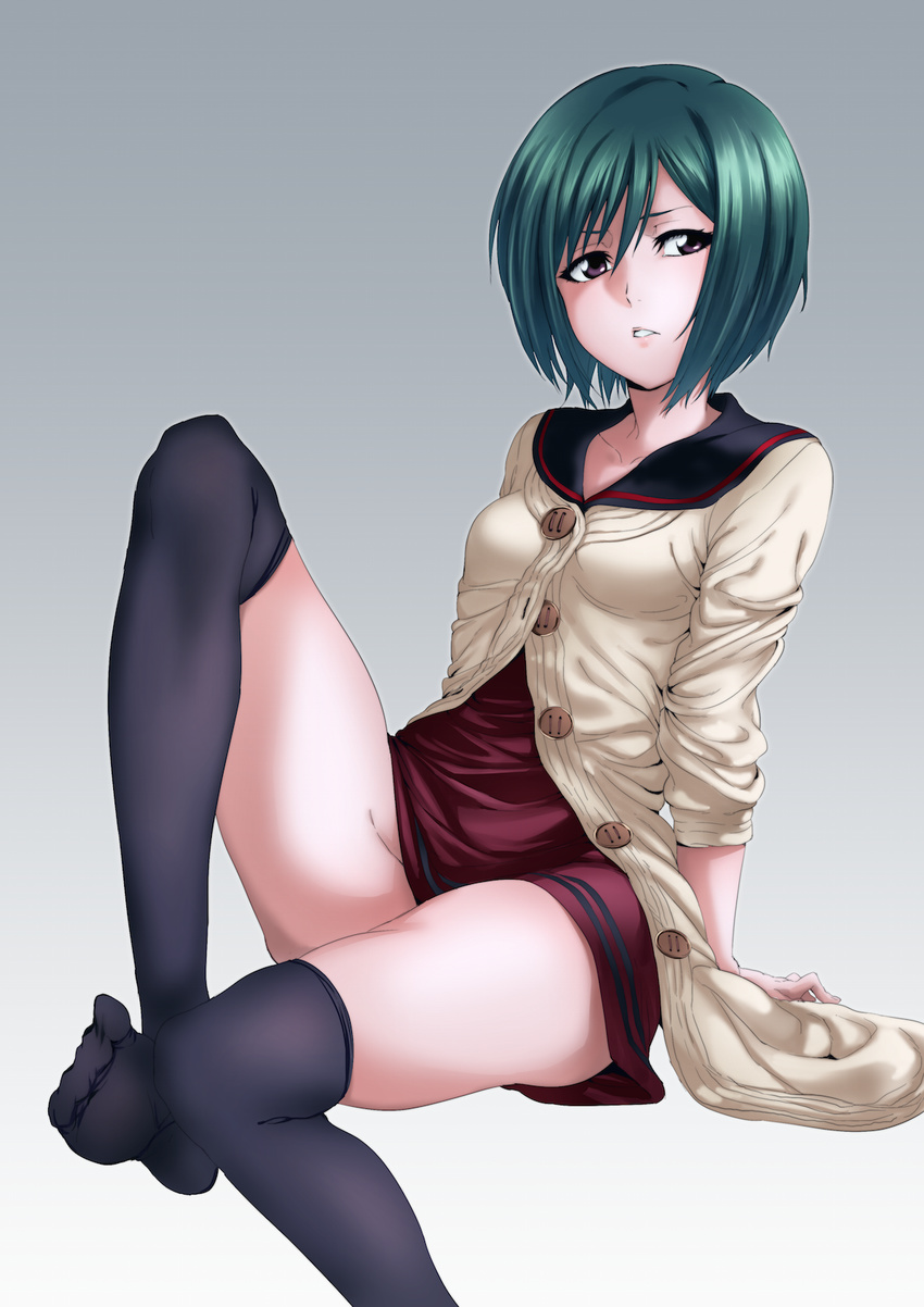 arm_support bad_id bad_pixiv_id bangs bleach buttons cardigan collarbone dress gradient gradient_background green_hair hair_between_eyes highres kujou_nozomi long_legs long_sleeves looking_to_the_side no_shoes over-kneehighs parted_lips puma_(hyuma1219) red_dress sailor_collar short_dress short_hair solo thighhighs unbuttoned