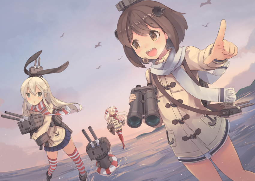 :d :o alternate_costume amatsukaze_(kantai_collection) anchor_symbol binoculars bird blonde_hair blush brown_eyes brown_hair coat commentary garter_straps gloves hair_ornament hair_ribbon hair_tubes hairband hat isegawa_yasutaka kantai_collection long_hair multiple_girls open_mouth pointing red_legwear rensouhou-chan rensouhou-kun ribbon scarf shimakaze_(kantai_collection) short_hair silver_hair skirt smile striped striped_legwear thighhighs two_side_up water yukikaze_(kantai_collection) zettai_ryouiki