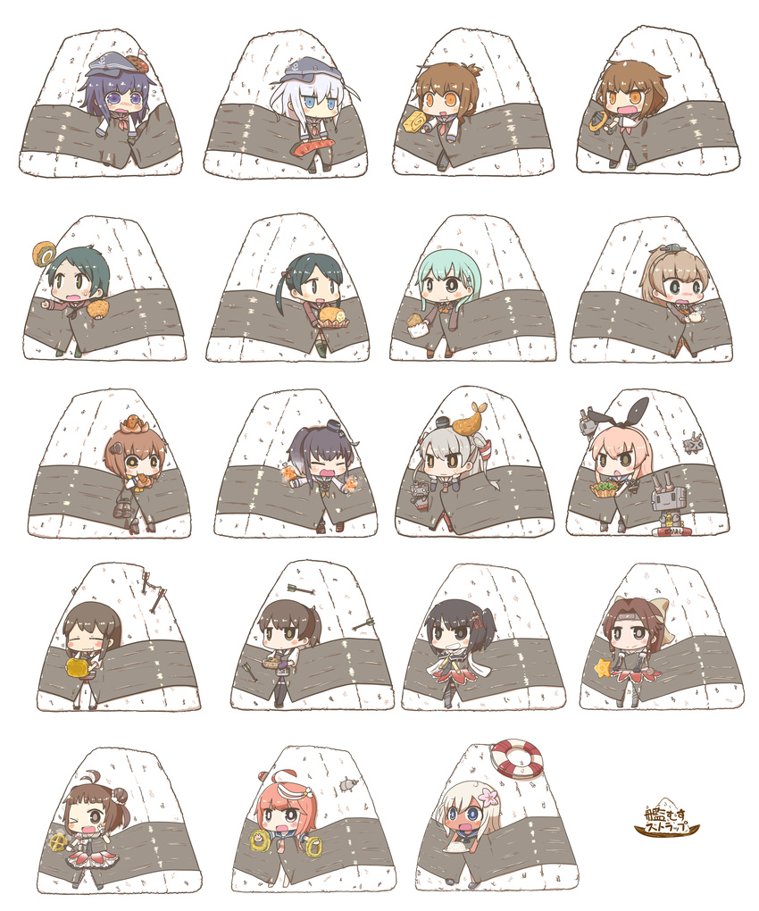 &gt;_&lt; :3 :d :t absurdres ahoge akagi_(kantai_collection) akatsuki_(kantai_collection) amatsukaze_(kantai_collection) anchor anchor_hair_ornament antenna_hair arrow baozi binoculars black_hair black_legwear blonde_hair blue_eyes blue_hair blue_skirt blush blush_stickers bow brown_eyes brown_hair chibi closed_eyes closed_mouth commentary_request dress eating fang flag flat_cap flying_sweatdrops folded_ponytail food food_on_head green_eyes green_hair grin hair_bow hair_ornament hair_tubes hairband hairpin hakama_skirt hamburger_steak hat headgear hibiki_(kantai_collection) highres i-58_(kantai_collection) ikazuchi_(kantai_collection) inazuma_(kantai_collection) inishie japanese_clothes japanese_flag jintsuu_(kantai_collection) kaga_(kantai_collection) kantai_collection kumano_(kantai_collection) long_hair long_sleeves mikuma_(kantai_collection) mogami_(kantai_collection) multiple_girls muneate naka_(kantai_collection) o_o object_on_head octopus omelet one_eye_closed onigiri open_mouth pantyhose ponytail red_skirt rensouhou-chan rensouhou-kun ro-500_(kantai_collection) sailor_dress salmon school_uniform seaweed sendai_(kantai_collection) serafuku shimakaze_(kantai_collection) short_hair short_sleeves side_ponytail silver_hair simple_background skirt smile suzuya_(kantai_collection) tako-san_wiener tamagoyaki tears tokitsukaze_(kantai_collection) translation_request twintails two_side_up white_background white_legwear yukikaze_(kantai_collection)