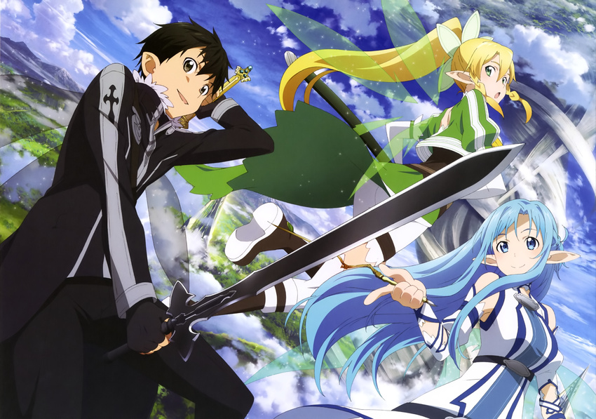 2girls absurdres asuna_(sao) asuna_(sao-alo) black_hair blonde_hair blue_eyes blue_hair fingerless_gloves gloves green_eyes highres holding holding_sword holding_weapon kirito kirito_(sao-alo) leafa long_hair multiple_girls nishiguchi_tomoya open_mouth pointy_ears short_hair smile sword sword_art_online very_long_hair weapon wings