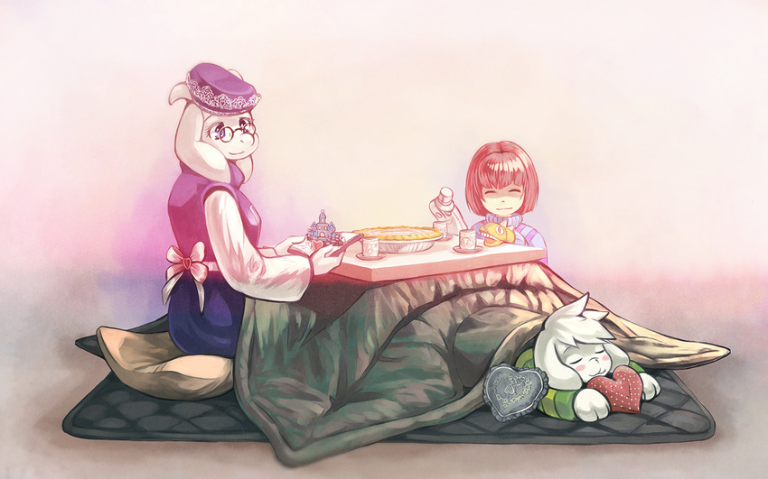 1girl androgynous asriel_dreemurr blue_eyes blush_stickers book closed_eyes cup food frisk_(undertale) glasses goat_girl hand_puppet hat heart heart_pillow highres horns kotatsu monster_boy monster_girl monster_kid_(undertale) napstablook pie pillow pop-up_book puppet robe saturnspace sleeping smile spoilers striped striped_sweater sweater table toriel under_kotatsu under_table undertale what_if