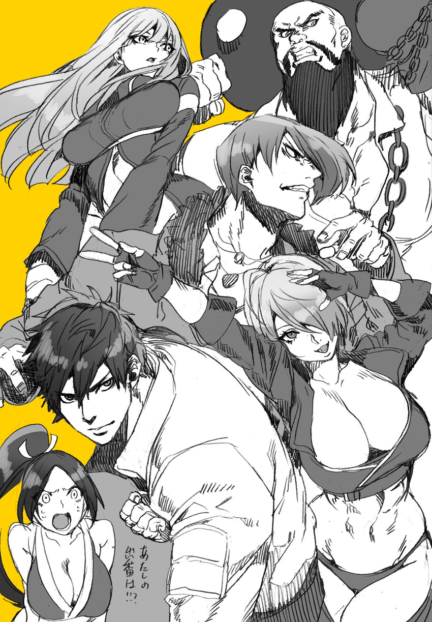 3girls angel_(kof) bad_id bad_twitter_id breasts chang_koehan cleavage hair_over_one_eye highres hohehohe kula_diamond kusanagi_kyou large_breasts monochrome multiple_boys multiple_girls shiranui_mai the_king_of_fighters the_king_of_fighters_xiv yagami_iori