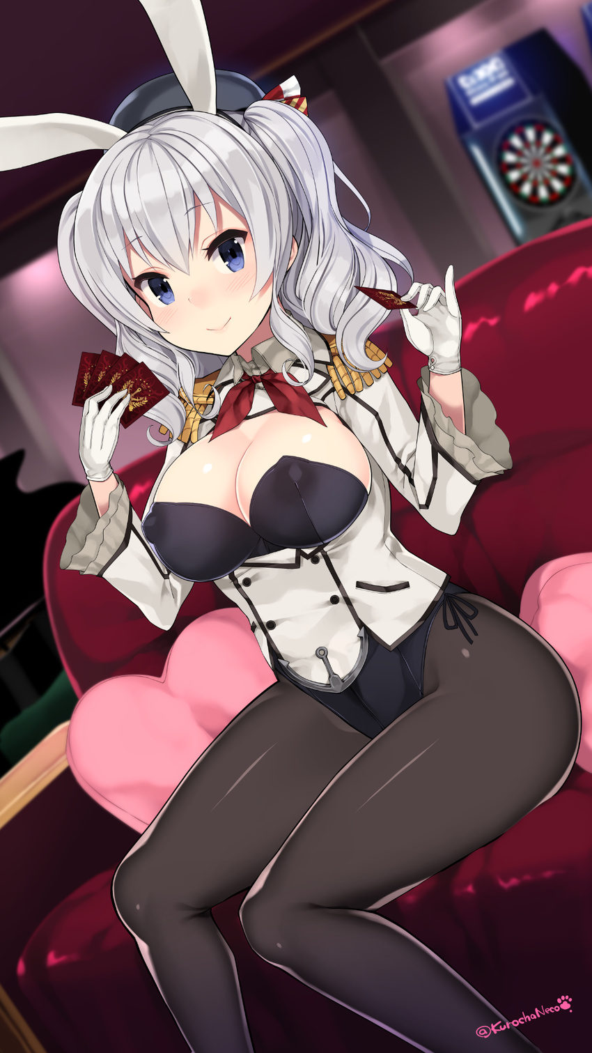 adapted_costume animal_ears beret black_legwear blue_eyes breasts bunny_ears bunny_girl bunnysuit buttons card commentary_request couch covered_nipples epaulettes fake_animal_ears frilled_sleeves frills gloves hat heart heart_pillow highres holding holding_card indoors jacket kantai_collection kashima_(kantai_collection) kerchief kuro_chairo_no_neko large_breasts leotard long_hair looking_at_viewer military military_uniform pantyhose paw_print pillow sidelocks silver_hair sitting smile solo target tsurime twintails twitter_username uniform wavy_hair white_gloves