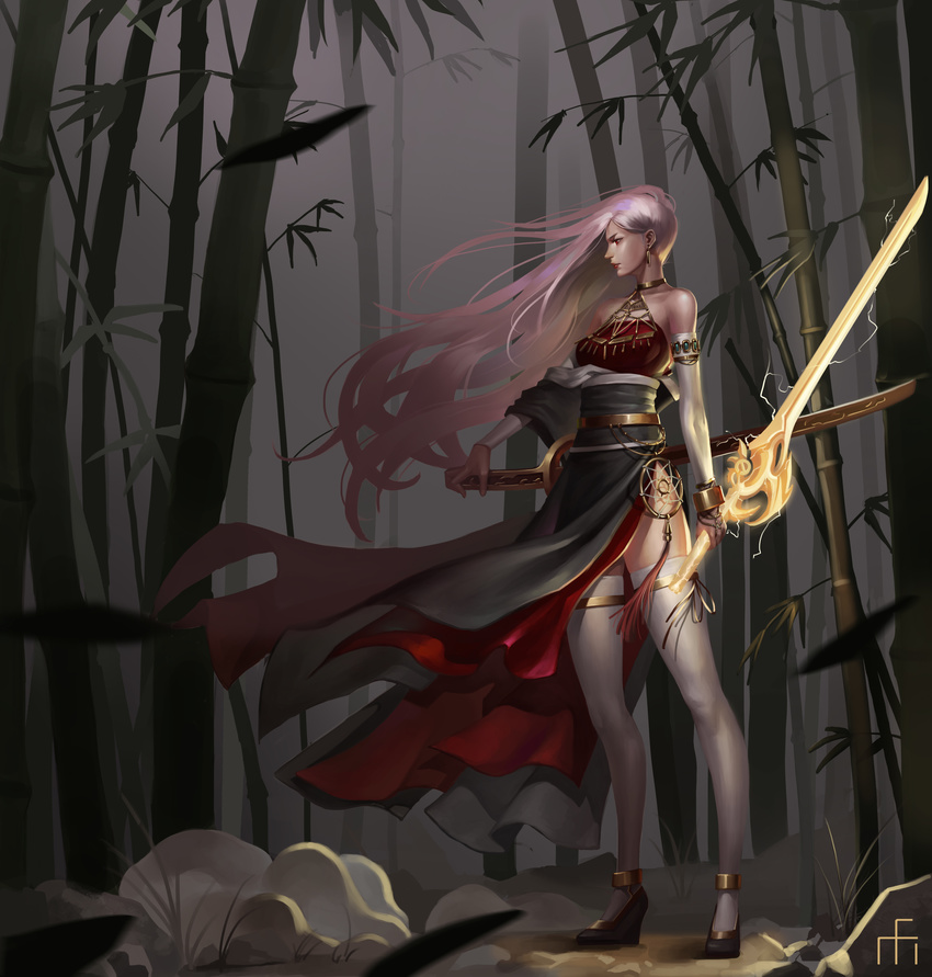 absurdres bamboo bamboo_forest bare_shoulders belt blurry breasts closed_mouth dark depth_of_field detached_sleeves dream_catcher dual_wielding dungeon_and_fighter earrings electricity eyeliner falling_leaves female_slayer_(dungeon_and_fighter) forest grass ground halterneck highres holding holding_sword holding_weapon jayjiwoo_park jewelry leaf long_hair looking_away makeup medium_breasts nature necklace off_shoulder pelvic_curtain pink_hair profile red_eyes red_lips reverse_grip solo standing straight_hair sword tassel thighhighs thighlet vagabond_(dungeon_and_fighter) very_long_hair weapon white_legwear