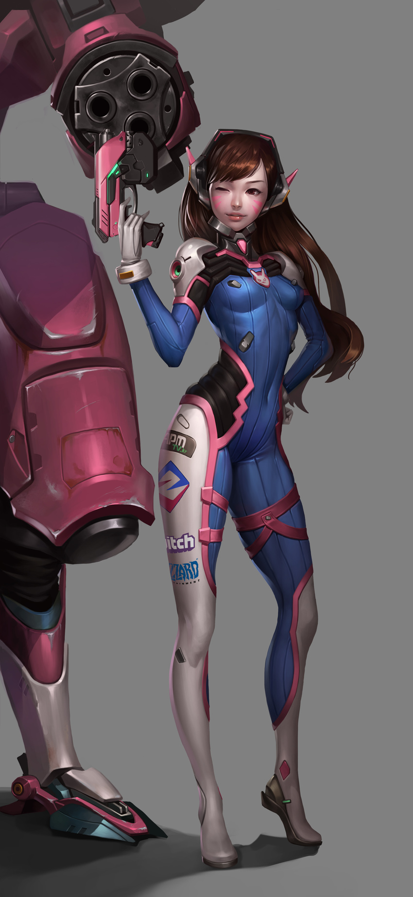 absurdres arm_cannon armor bangs blush bodysuit boots breasts brown_eyes brown_hair contrapposto covered_navel d.va_(overwatch) damaged facial_mark full_body gatling_gun gloves grey_background gun hand_on_hip handgun headphones high_collar highres holding holding_gun holding_weapon jayjiwoo_park light_smile lipgloss lips logo long_hair looking_at_viewer mecha meka_(overwatch) one_eye_closed overwatch pilot pilot_suit realistic science_fiction scratched_paint skin_tight small_breasts solo standing swept_bangs weapon whisker_markings white_footwear white_gloves