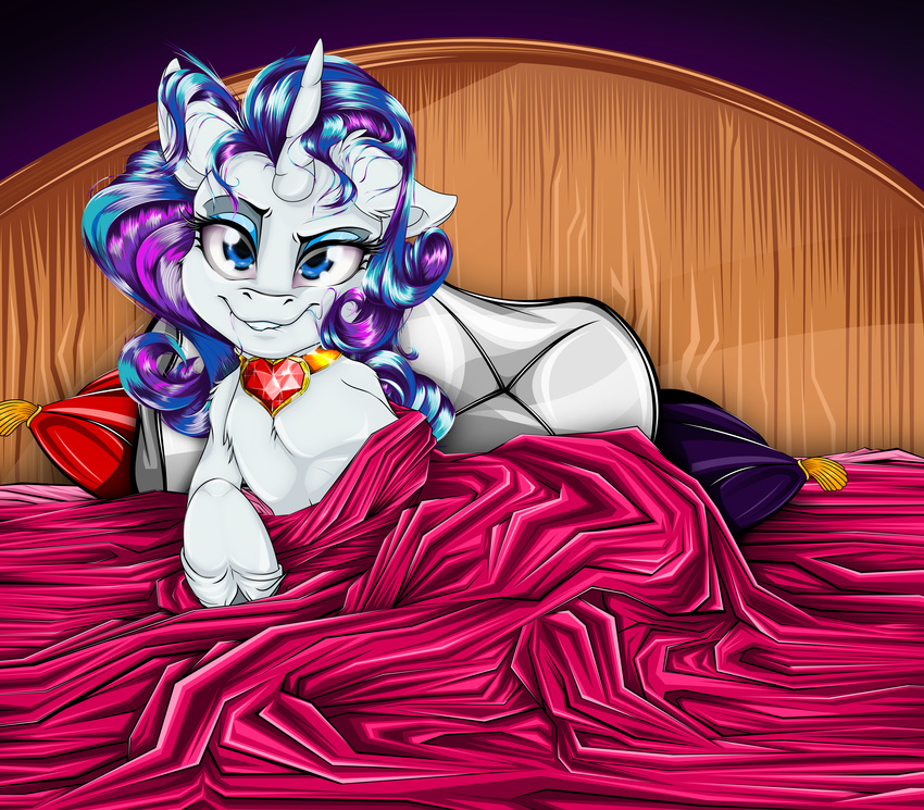 2015 absurd_res bed blue_eyes equine eyeshadow female feral friendship_is_magic fur hair halfdeathshadow hi_res horn inside long_hair looking_at_viewer makeup mammal my_little_pony on_bed rarity_(mlp) solo unicorn white_fur