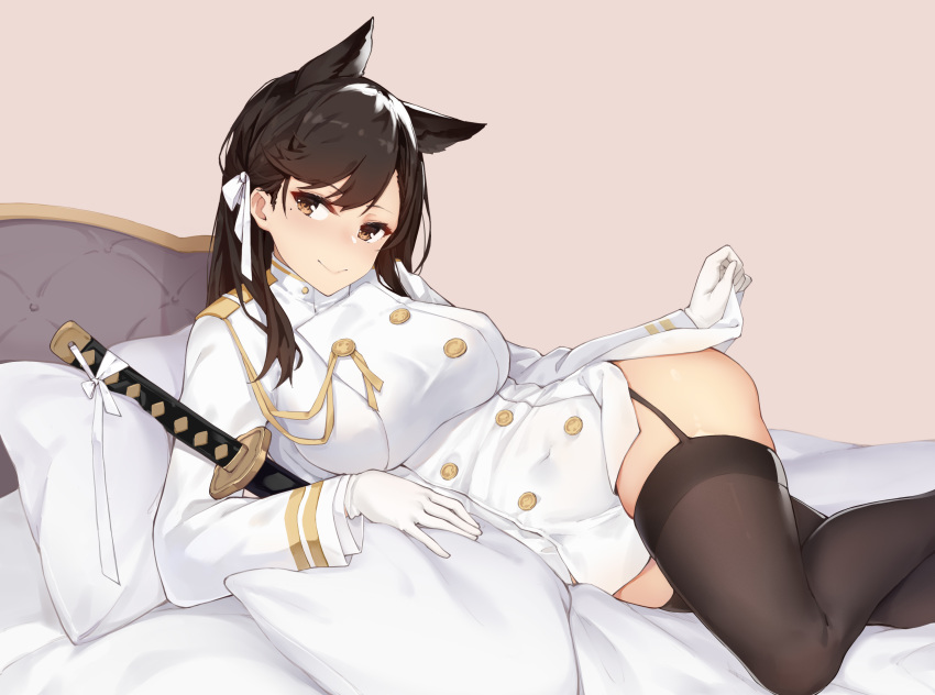 absurdres animal_ears atago_(azur_lane) azur_lane bangs bed black_hair breasts double-breasted epaulettes garter_straps gloves hair_between_eyes highres jun.bit katana large_breasts lifted_by_self long_sleeves looking_at_viewer lying military military_uniform mole mole_under_eye on_side pencil_skirt sheath sheathed skirt smile solo sword thighhighs uniform weapon white_gloves wolf_ears yellow_eyes