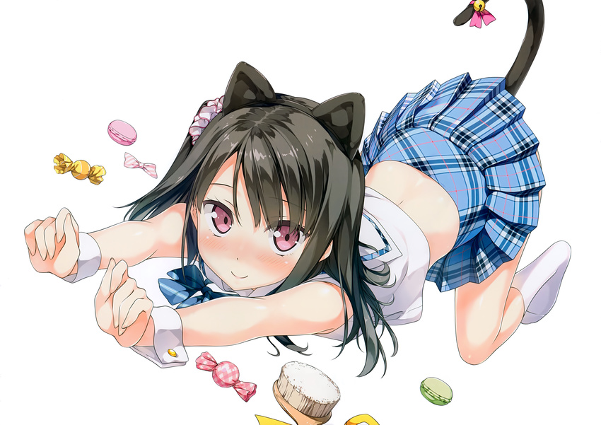 absurdres animal_ears bell black_hair blush bow bowtie candy cat_ears cat_tail detexted dutch_angle fake_animal_ears food hairband highres huge_filesize kantoku looking_at_viewer macaron midriff one_side_up original plaid plaid_skirt pleated_skirt purple_eyes ribbon scan scrunchie shizuku_(kantoku) skirt smile socks solo tail tail_bell tail_ribbon third-party_edit top-down_bottom-up white_legwear wrist_cuffs