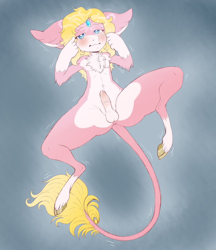 2015 anthro auracorn balls blonde_hair blue_eyes blush butt chest_tuft cloven_hooves cum energy erection fur gem girly hair half-closed_eyes hooves hybrid long_hair looking_at_viewer lying male medial_ring multicolored_fur nude on_back penis pink_fur shaking shivering solo spread_legs spreading suns tail_tuft tears trembling tuft two_tone_fur white_fur