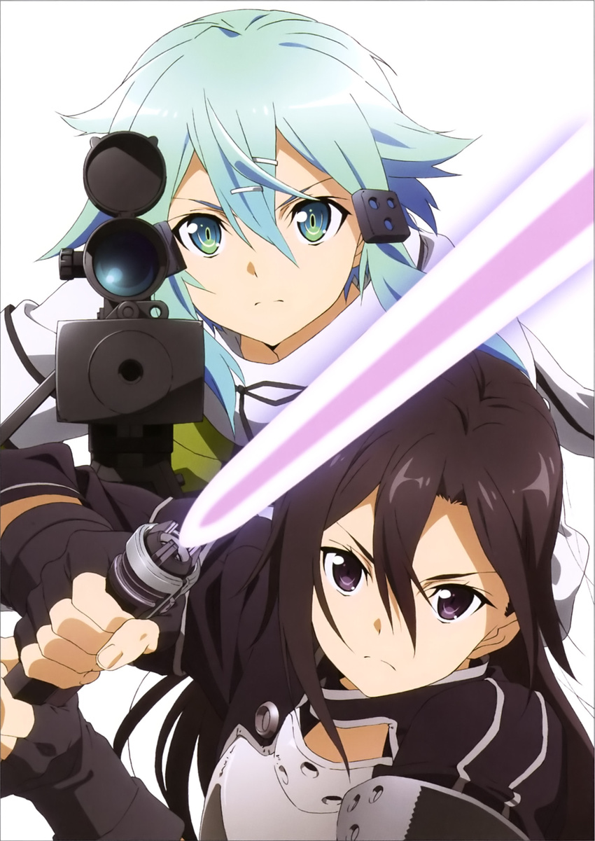 1girl beam_rifle black_eyes black_hair blue_eyes blue_hair energy_gun hagiwara_hiromitsu highres holding holding_sword holding_weapon kirito kirito_(sao-ggo) long_hair looking_at_viewer sinon sword sword_art_online weapon white_background