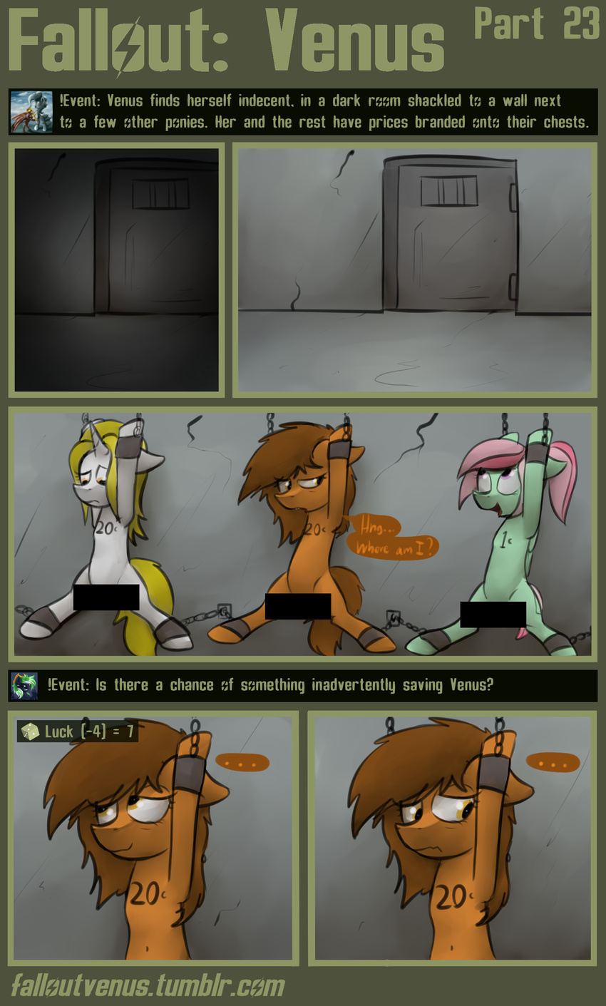 absurd_res bound branded captive censored chain chained crossover english_text equine fallout fallout_equestria fallout_venus fan_character feral fur group half-closed_eyes hi_res horn horse mammal marsminer my_little_pony numbers pegasus pony spread_legs spreading suspension text unicorn venus_spring video_games wings