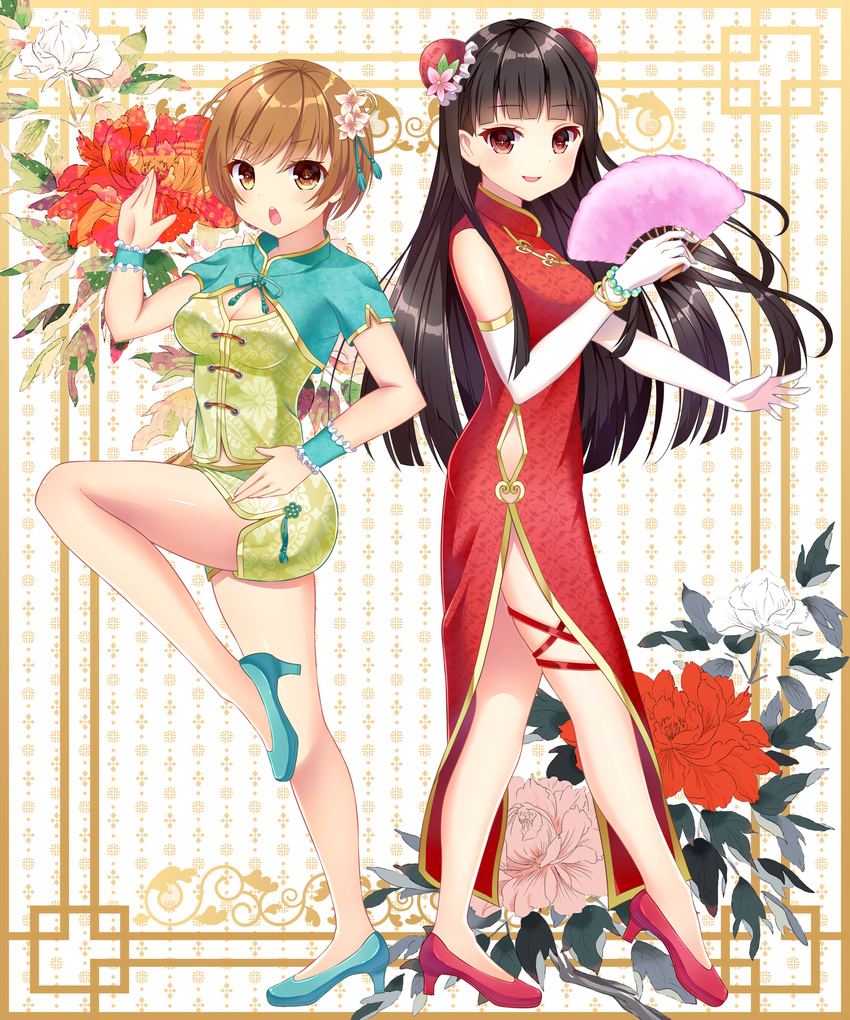 amagi_yukiko black_hair bracelet breasts brown_eyes bun_cover china_dress chinese_clothes cleavage double_bun dress elbow_gloves fan fighting_stance floral_background flower folding_fan full_body gloves hair_flower hair_ornament high_heels highres jewelry leg_up long_legs medium_breasts multiple_girls nabekokoa open_mouth peony_(flower) persona persona_4 red_eyes satonaka_chie short_hair side_slit smile