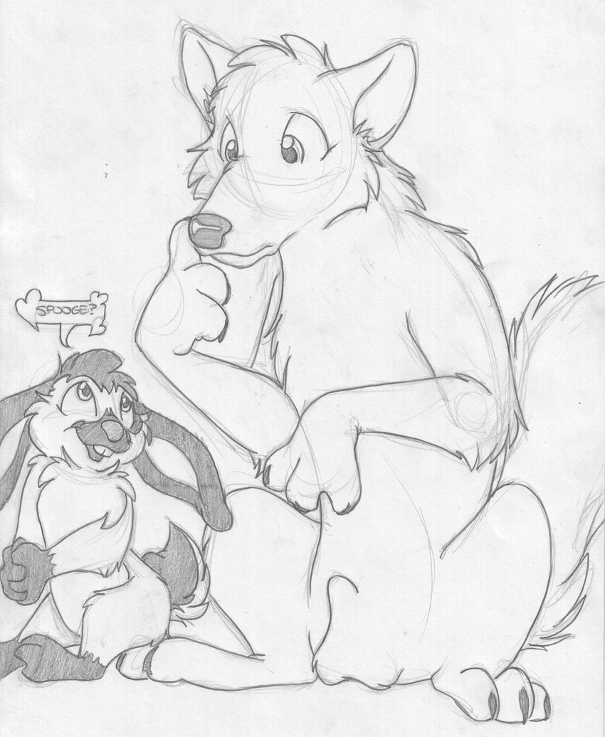 balls barely_visible_genitalia buckteeth dialogue english_text eye_contact finger_to_mouth greyscale grinding lagomorph mammal mizzyam monochrome open_mouth pencil_(artwork) rabbit seductive semi-anthro sheath speech_bubble spotted_bunny teeth text traditional_media_(artwork)