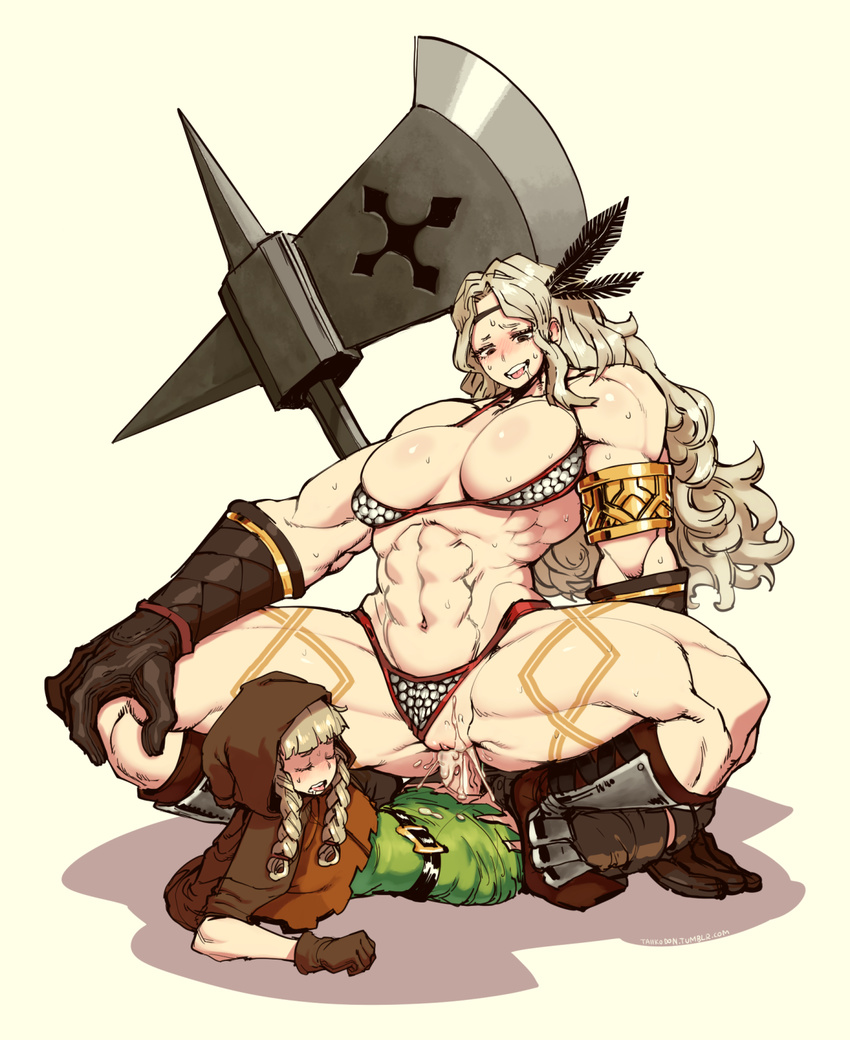 1girl amazon_(dragon's_crown) armlet armor bikini_armor blonde_hair braid breasts circlet cowgirl_position cum dragon's_crown elf_(dragon's_crown) feathers futa_with_female futanari gloves halberd highres hood large_breasts long_hair muscle panties panties_aside pointy_ears polearm size_difference straddling taiikodon tattoo thick_thighs thighs twin_braids underwear vaginal weapon