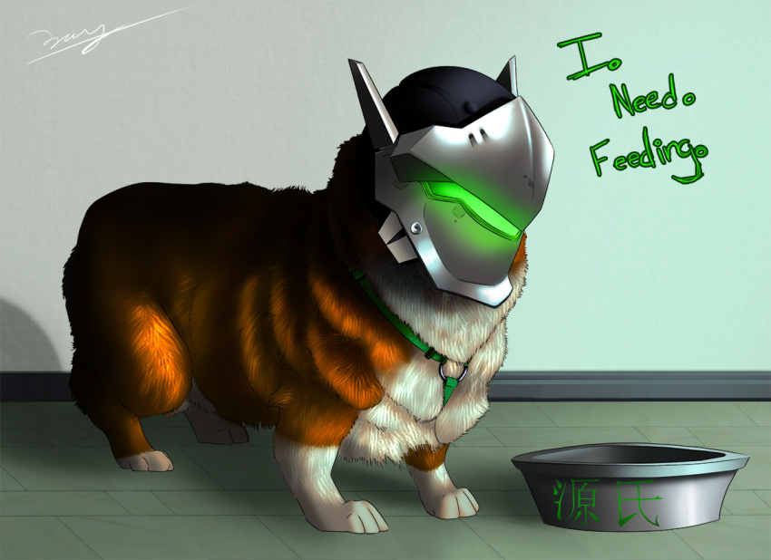 2018 alternate_species ambiguous_gender armor begging blizzard_entertainment brown_fur canine corgi countershading cybernetics dew_dragon dialogue dog dogbowl feral fluffy fur genji_(overwatch) glowing good_boy harness helmet hungry inside japanese japanese_text machine mammal multicolored_fur ninja overwatch simple_background solo standing text two_tone_fur video_games visor white_countershading white_fur