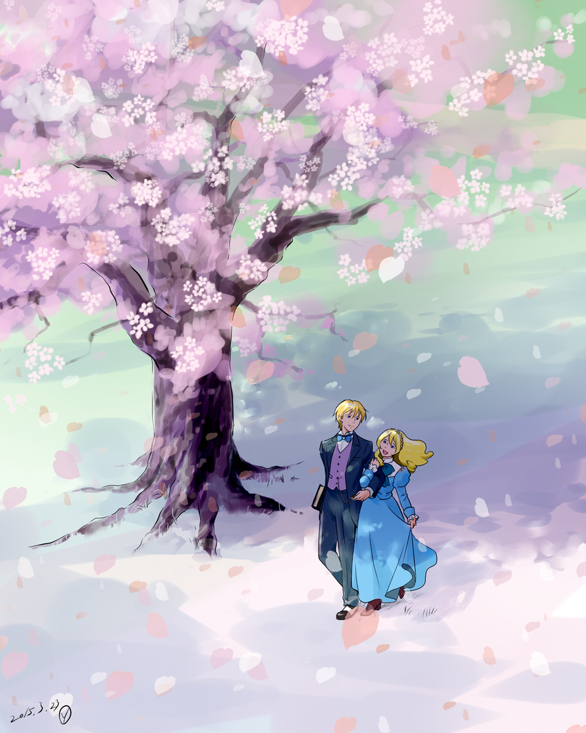 1girl absurdres alfredo_martini bianca_martini blonde_hair blue_eyes brother_and_sister highres long_hair petals romeo_no_aoi_sora sakai_yume short_hair siblings tree what_if