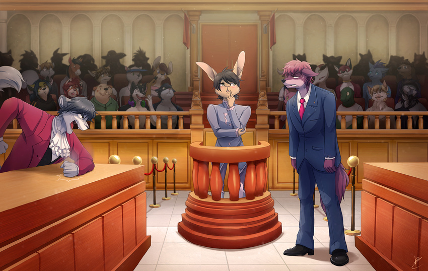 2015 ace_attorney_(series) adrian angry azur blush c-jen cancel canine capcom clothed clothing courtroom digital_media_(artwork) draggincat feline group lagomorph leopard lock_(lockworkorange) male mammal miles_edgeworth novus open_mouth parody phoenix_wright rabbit schmozy snow_leopard suit sweat tanks video_games wolf zoru