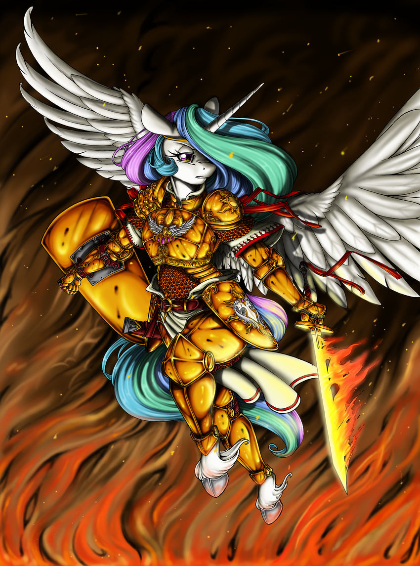 2015 anthro anthrofied armor equine female fire flame_sword friendship_is_magic hi_res horn longinius mammal melee_weapon my_little_pony princess_celestia_(mlp) shield solo sword weapon winged_unicorn wings