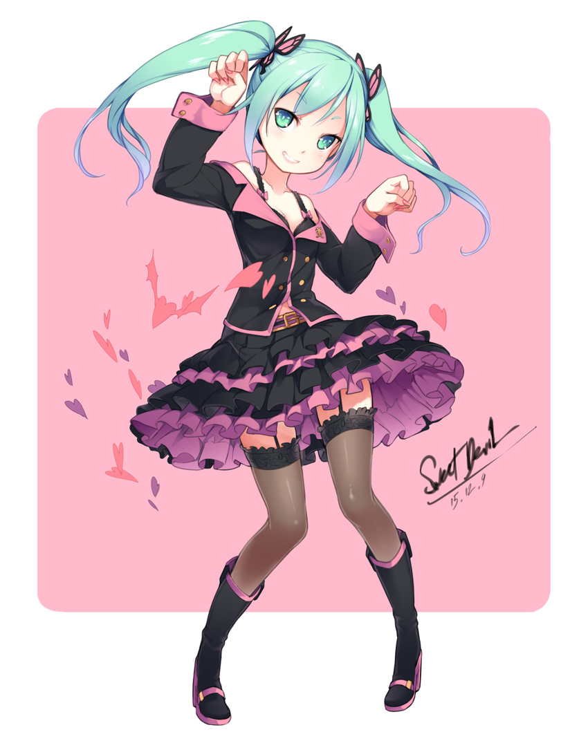 aoi_tsunami black_footwear boots bra butterfly_hair_ornament garter_straps green_eyes green_hair grin hair_ornament hatsune_miku highres honey_whip_(module) knee_boots long_hair nail_polish pigeon-toed pose project_diva_(series) project_diva_f skirt smile solo standing sweet_devil_(vocaloid) thighhighs twintails underwear vocaloid