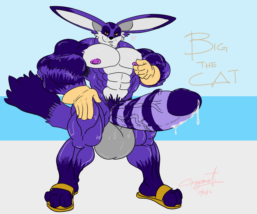 abs balls biceps big_balls big_muscles big_the_cat black_nose clothing erection footwear fur giganaut gloves grey_fur huge_balls huge_muscles huge_penis hyper hyper_penis looking_at_viewer male muscular nipple_pinch nude pecs penis precum purple_fur sandals solo standing sweat thick_penis vein veiny_penis yellow_sclera