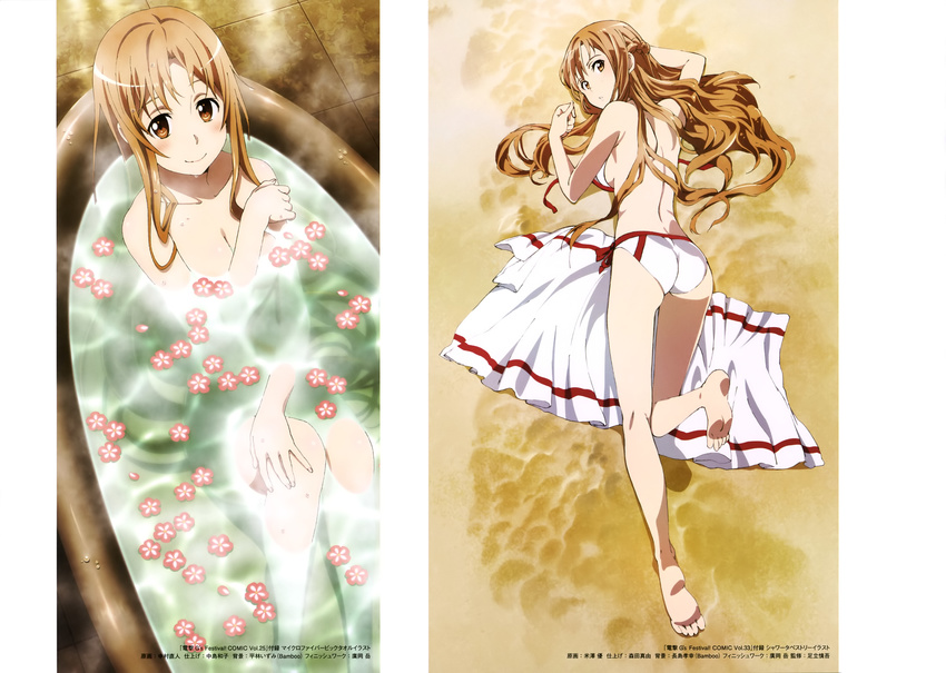 absurdres ass asuna_(sao) barefoot bath bikini breasts brown_eyes brown_hair cleavage feet highres long_hair long_legs looking_at_viewer lying medium_breasts nakamura_naoto nude official_art on_stomach partially_submerged scan sideboob smile soles swimsuit sword_art_online untied untied_bikini water yonezawa_masaru