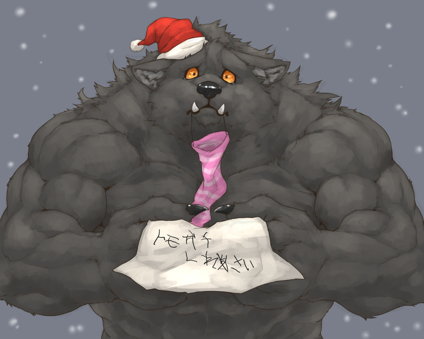 2015 abs biceps big_muscles black_nose canine christmas claws clothing cute digital_media_(artwork) ear_tuft fangs flakjacket0204 front_view fur grey_fur hat hi_res holidays japanese_text legwear looking_at_viewer male mammal muscular orange_eyes paper pecs pink_sock red_hat sad simple_background snow socks solo standing tears text tuft were werewolf