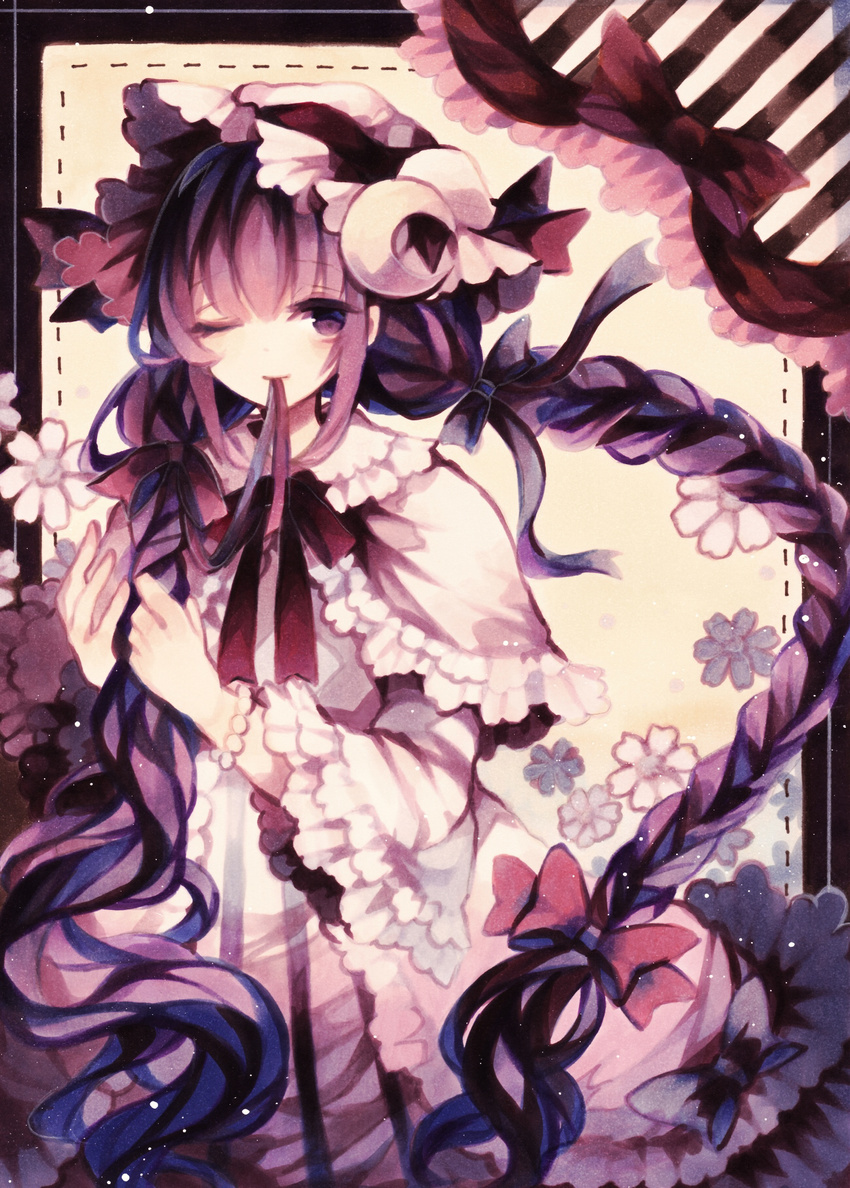 alternate_hairstyle bad_id bad_pixiv_id blue_bow bow braid crescent crescent_hair_ornament frilled_sleeves frills hair_ornament hair_ribbon hat hat_ribbon highres long_hair looking_at_viewer mouth_hold one_eye_closed patchouli_knowledge purple_eyes purple_hair red_bow ribbon smile solo touhou traditional_media twin_braids upper_body very_long_hair wiriam07