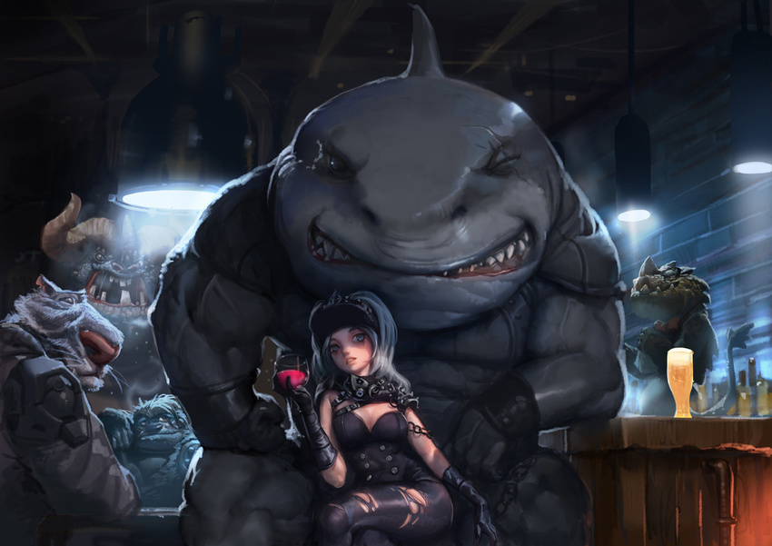 2015 alcohol anthro bar beer beverage biceps big_head big_muscles blue_eyes chain clenched_teeth clothing cup detailed digital_media_(artwork) eye_scar eyes_closed feline female fish fist food front_view fur gills gloves grey_fur grey_hair grey_skin group guardian hair hand_on_leg hat hi_res horn huge_muscles human inside interspecies kim_jonghun light lizard long_hair looking_at_viewer male mammal marine monster multiple_eyes muscular one_eye_closed open_mouth pants pink_nose raised_tail reptile saliva scalie scene shark sharp_teeth shirt sitting size_difference spikes teeth tiger torn_clothing unknown_species whiskers