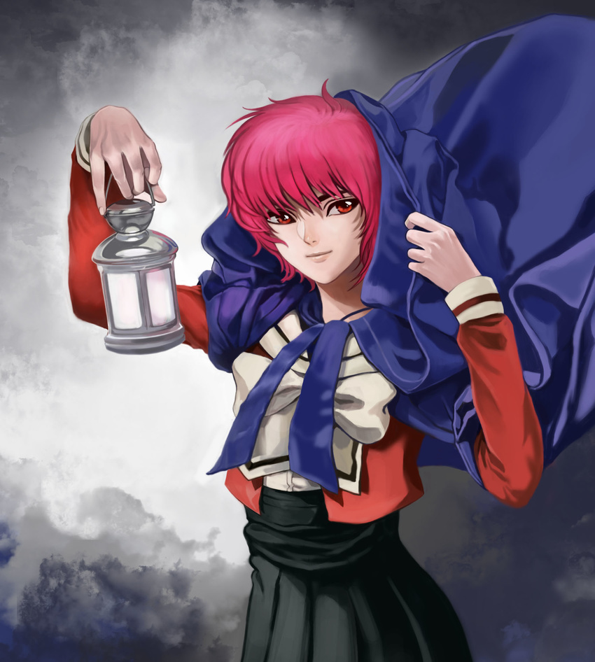 &gt;:) bow bowtie cape hands highres holding jiju lantern light_smile looking_away magic_knight_rayearth pink_hair red_eyes school_uniform shidou_hikaru short_hair sideways_glance smile solo v-shaped_eyebrows