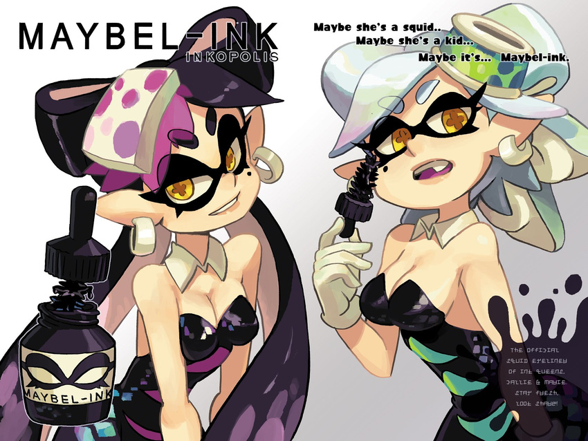 2girls alex_ahad aori_(splatoon) black_hair brand_name_imitation breasts cleavage commentary domino_mask dress earrings english eyebrows eyeliner fang gloves hair_bun highres hotaru_(splatoon) jewelry long_hair looking_at_viewer makeup mask medium_breasts mole mole_under_eye multicolored_hair multiple_girls parody ponytail pun short_hair silver_hair splatoon_(series) splatoon_1 symbol-shaped_pupils tentacle_hair thick_eyebrows twintails two-tone_hair