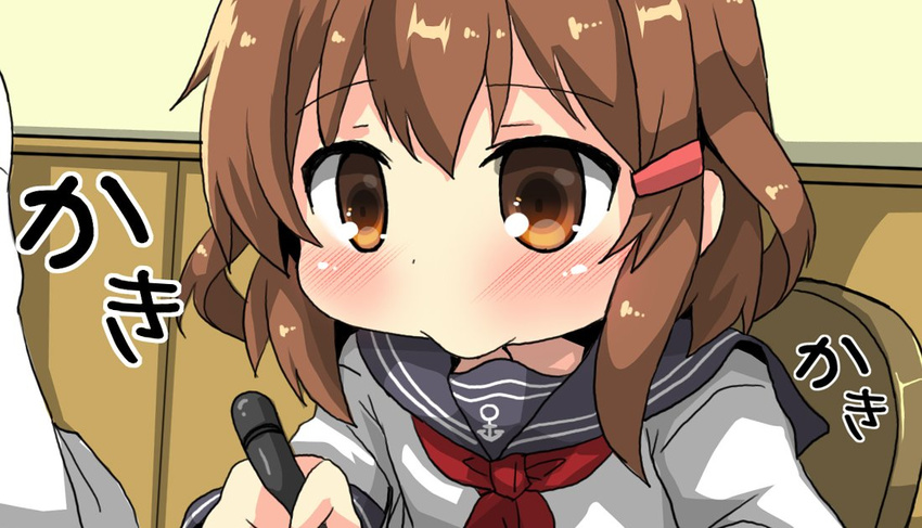 anchor_symbol blush brown_eyes brown_hair commentary hair_ornament hairclip ikazuchi_(kantai_collection) kantai_collection neckerchief oshiruko_(uminekotei) pen pout red_neckwear school_uniform serafuku short_hair solo_focus writing