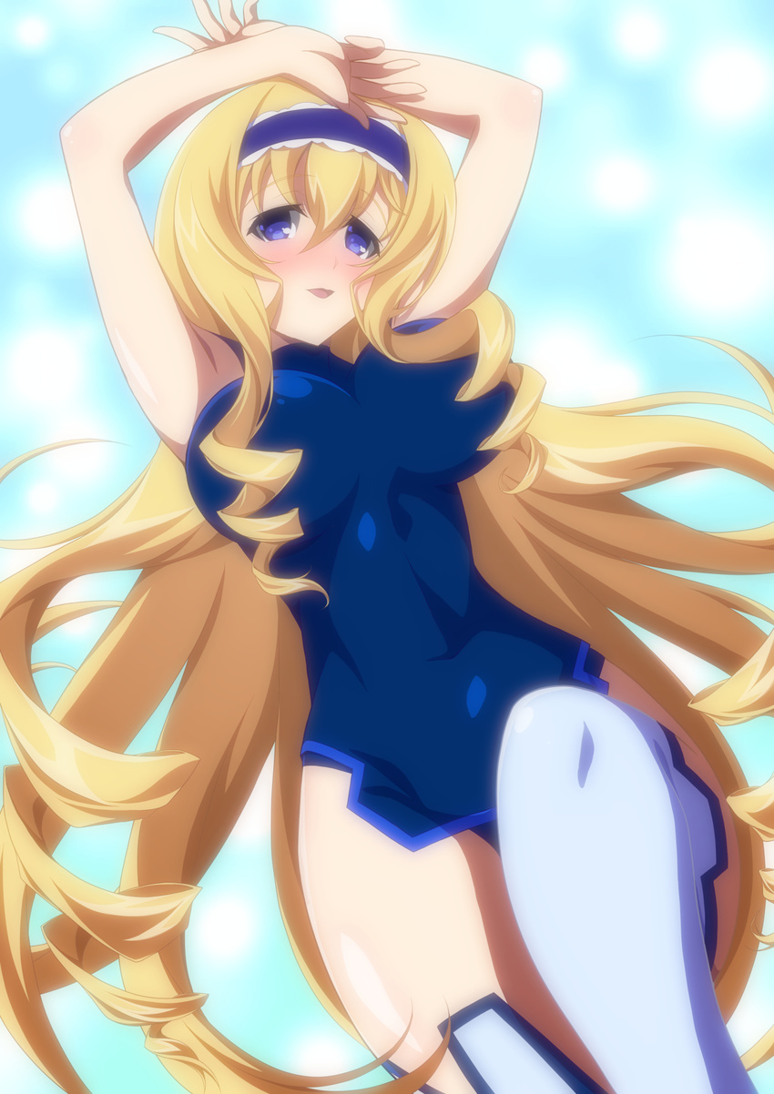 :d aqua_background armpits arms_up bangs bare_shoulders blonde_hair blue_background blue_eyes blue_hairband blue_legwear blue_leotard blush breasts cecilia_alcott covered_navel cowboy_shot drill_hair dutch_angle eyebrows_visible_through_hair glowing gradient gradient_background hair_between_eyes hairband halterneck highres hips impossible_clothes impossible_leotard infinite_stratos ka2 lace large_breasts leg_lift leotard light_particles lolita_hairband long_hair looking_at_viewer open_mouth pelvic_curtain pilot_suit sidelocks skin_tight smile solo thighhighs thighs turtleneck very_long_hair