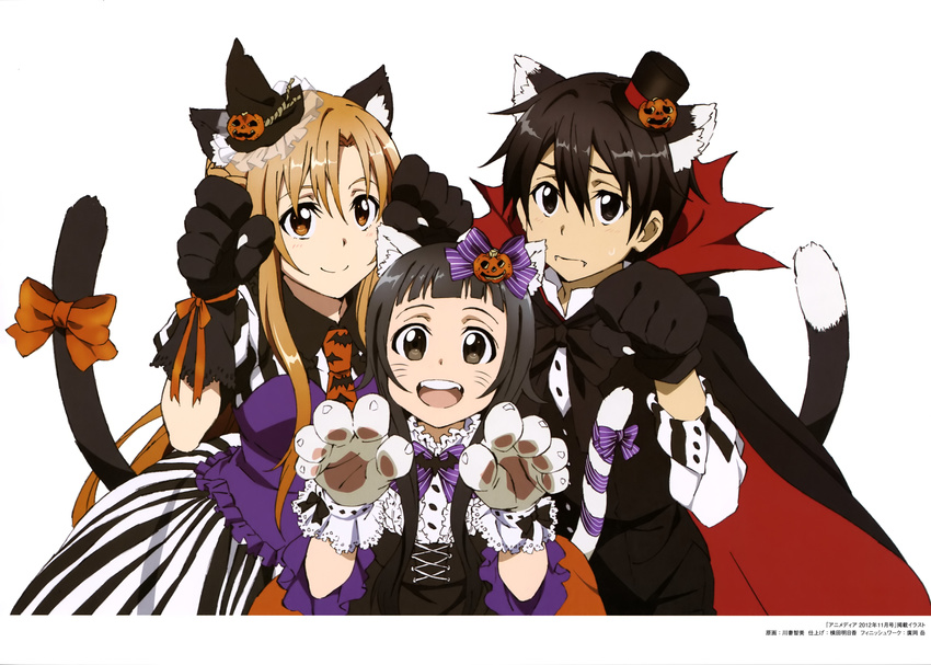 2girls absurdres animal_ears asuna_(sao) black_eyes black_gloves black_hair brown_eyes brown_hair cat_ears cat_tail gloves hat highres kawatsuma_tomomi kirito long_hair mini_hat multiple_girls open_mouth simple_background sword_art_online tail vampire_costume white_background witch_hat yui_(sao)